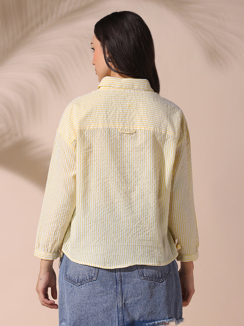 DL Woman Yellow Striped Spread Collar Full Sleeves Relaxed Fit Tie-Up Shirt