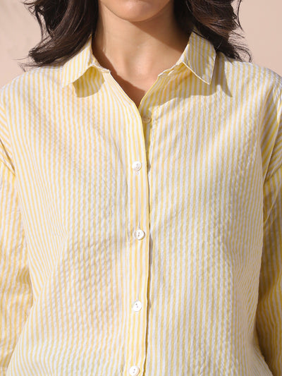 DL Woman Yellow Striped Spread Collar Full Sleeves Relaxed Fit Tie-Up Shirt