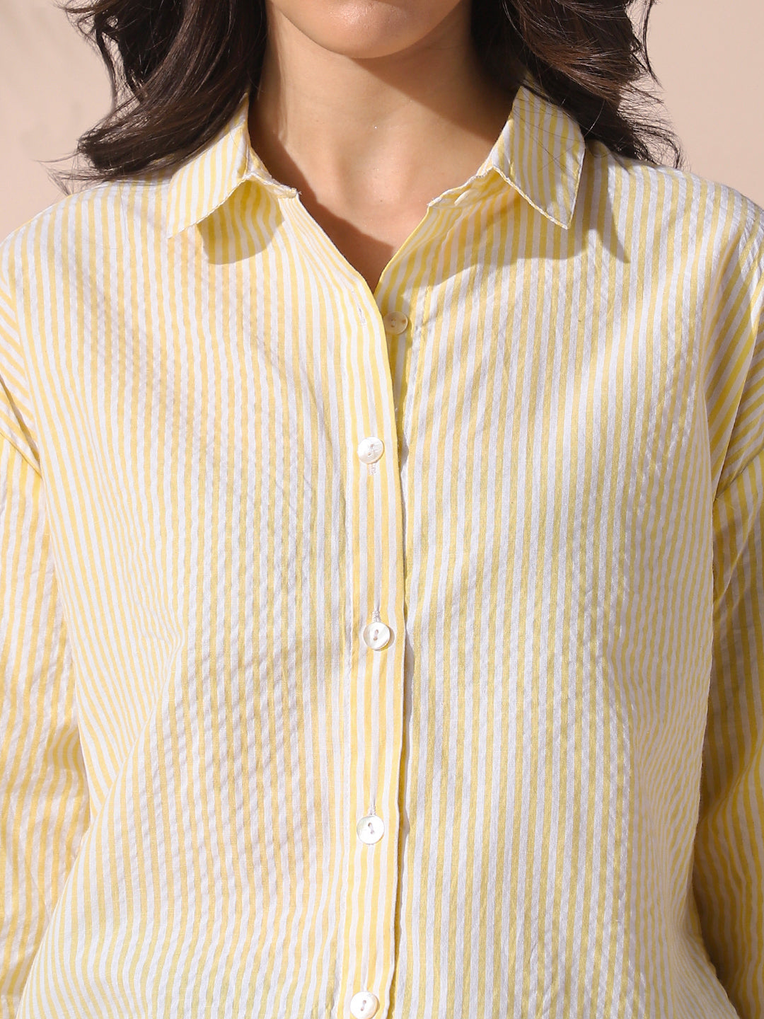 DL Woman Yellow Striped Spread Collar Full Sleeves Relaxed Fit Tie-Up Shirt