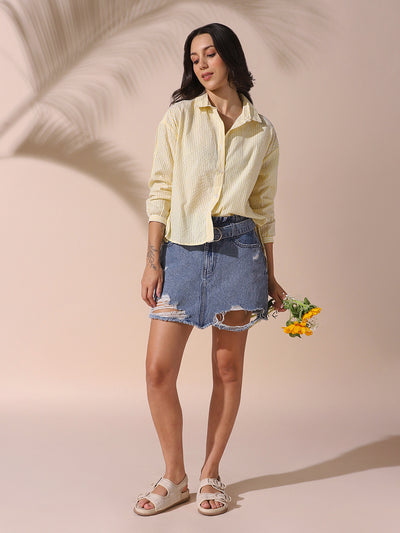 DL Woman Yellow Striped Spread Collar Full Sleeves Relaxed Fit Tie-Up Shirt