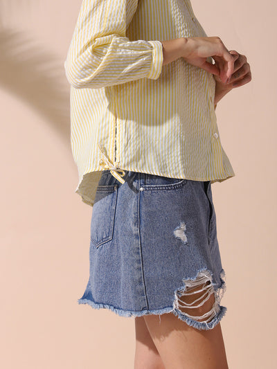 DL Woman Yellow Striped Spread Collar Full Sleeves Relaxed Fit Tie-Up Shirt