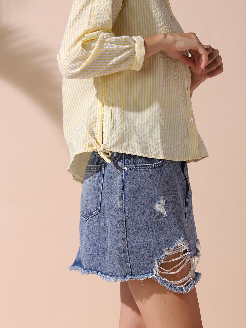 DL Woman Yellow Striped Spread Collar Full Sleeves Relaxed Fit Tie-Up Shirt