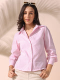 DL Woman Pink Textured Striped Spread Collar Full Sleeves Relaxed Fit Shirt