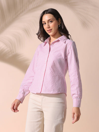 DL Woman Pink Textured Striped Spread Collar Full Sleeves Relaxed Fit Shirt