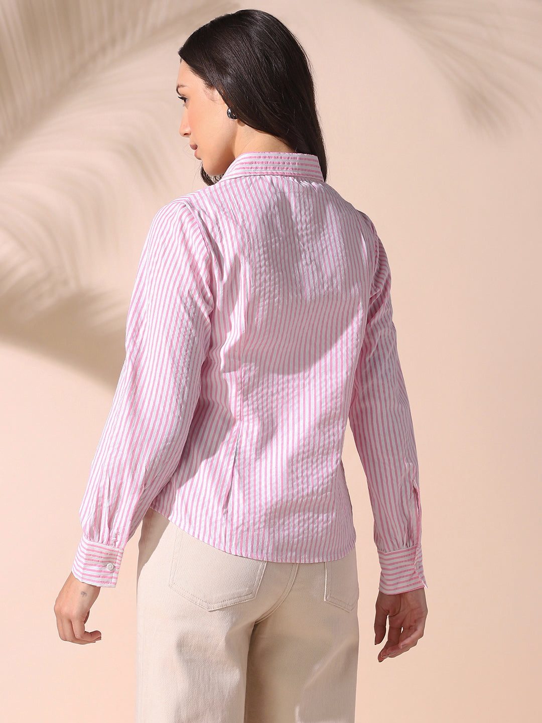 Women Pink Textured Striped Spread Collar Full Sleeves Relaxed Fit Shirt