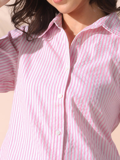 DL Woman Pink Textured Striped Spread Collar Full Sleeves Relaxed Fit Shirt