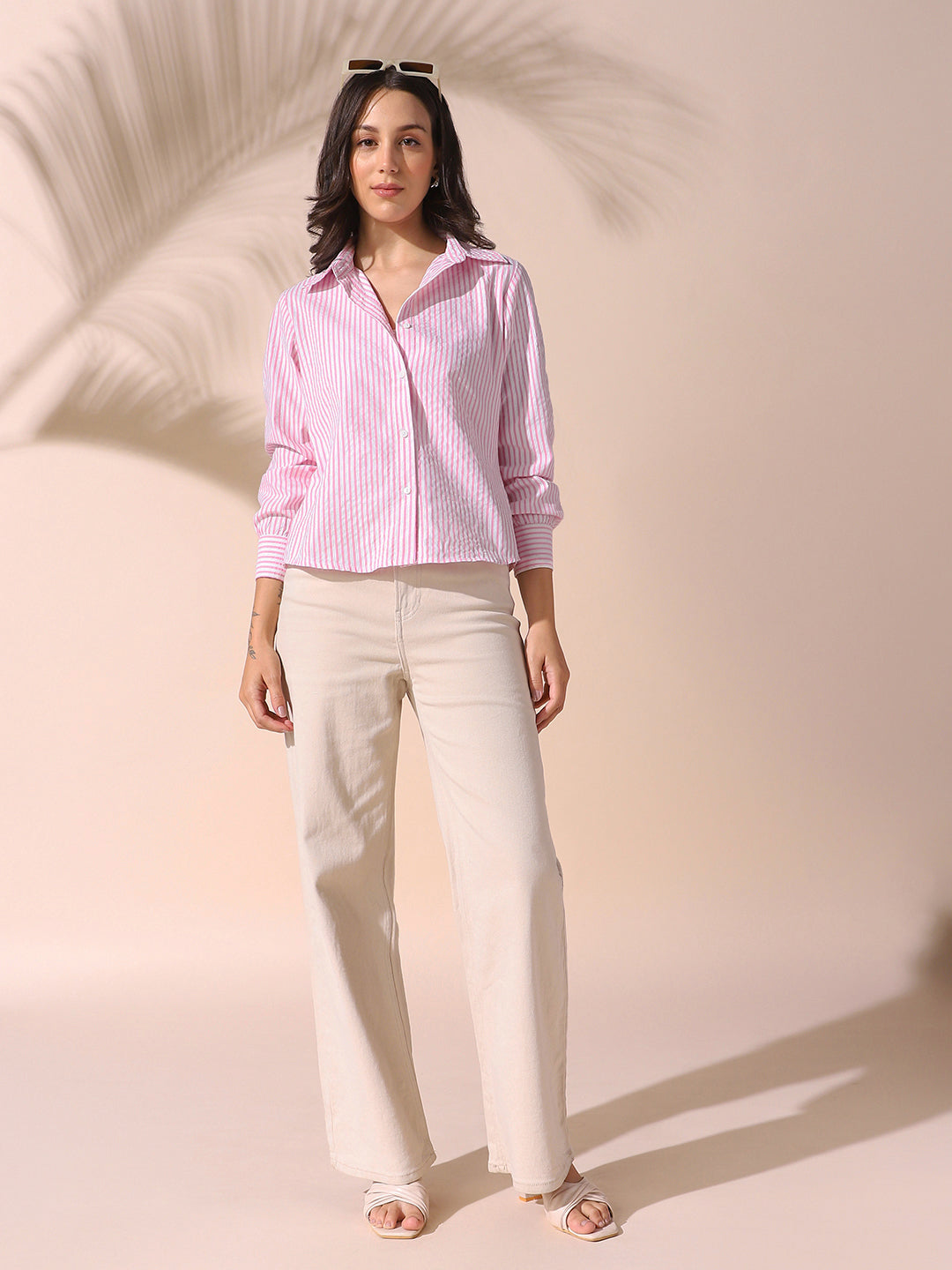 Women Pink Textured Striped Spread Collar Full Sleeves Relaxed Fit Shirt