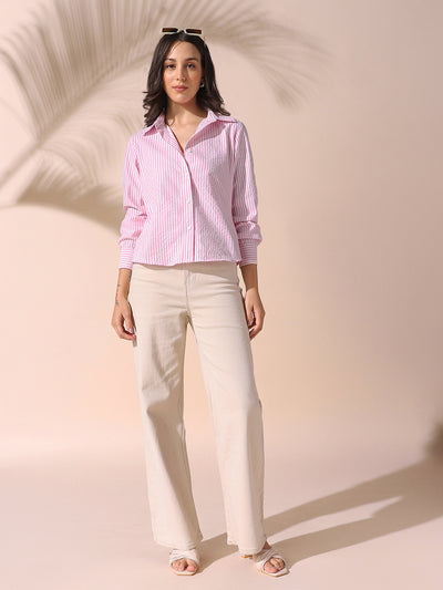 DL Woman Pink Textured Striped Spread Collar Full Sleeves Relaxed Fit Shirt