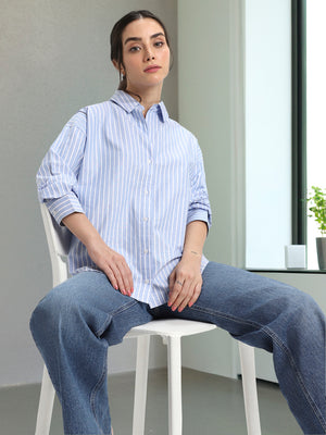 DL Woman Shirt Collar Relaxed Fit Striped Indigo Shirt