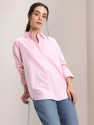DL Woman Shirt Collar Relaxed Fit Striped Red Shirt