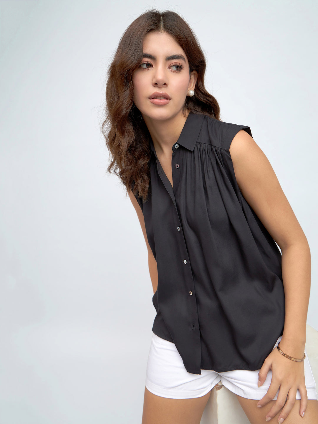 Shirt Collar Regular Fit Solid Black Sleeveless Shirt