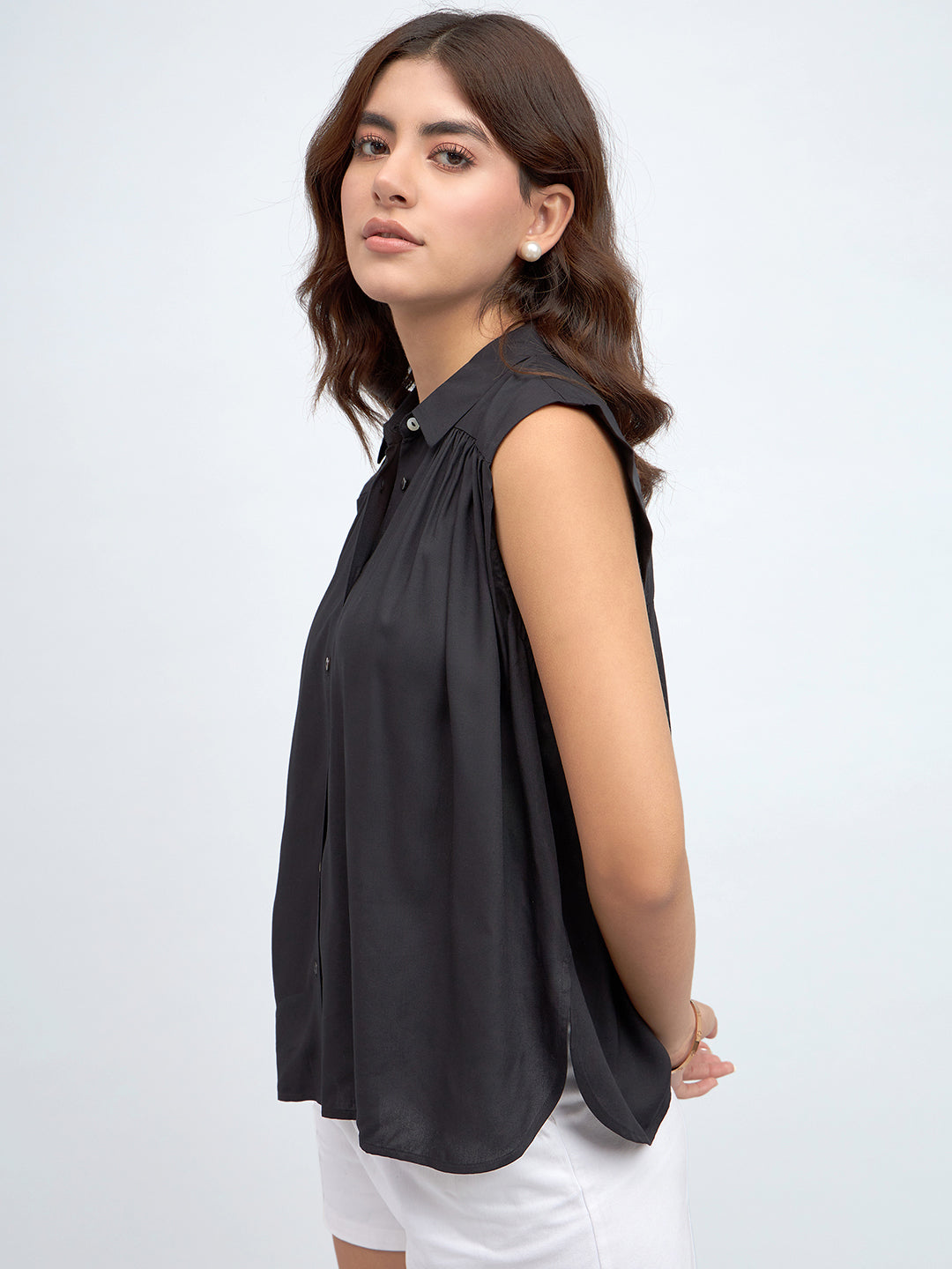 Shirt Collar Regular Fit Solid Black Sleeveless Shirt