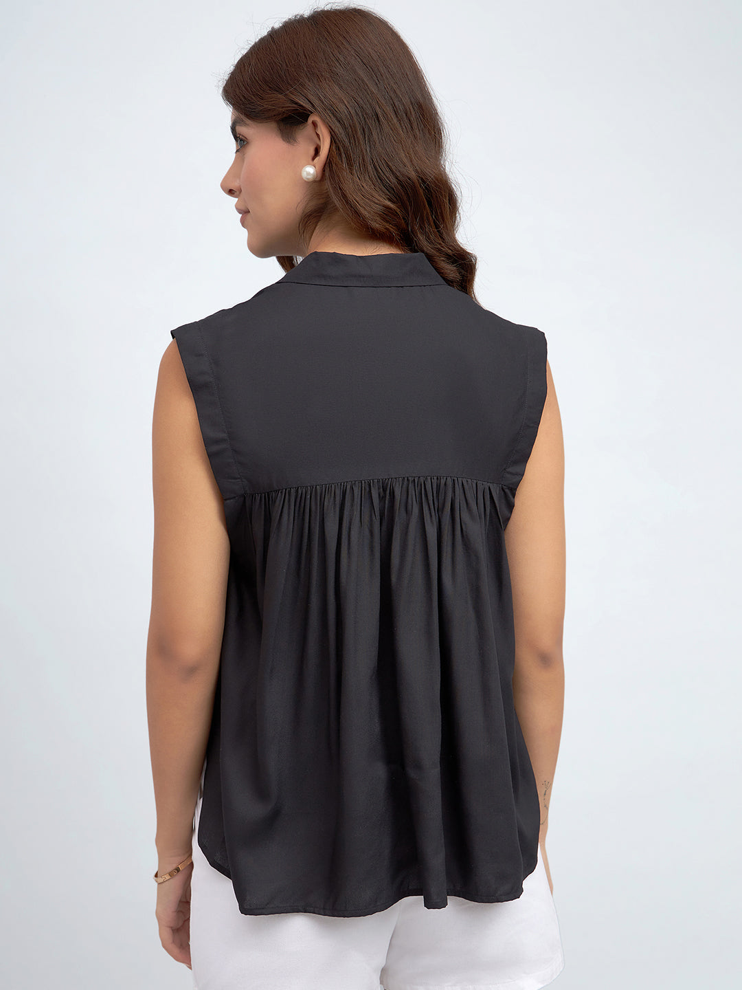 Shirt Collar Regular Fit Solid Black Sleeveless Shirt