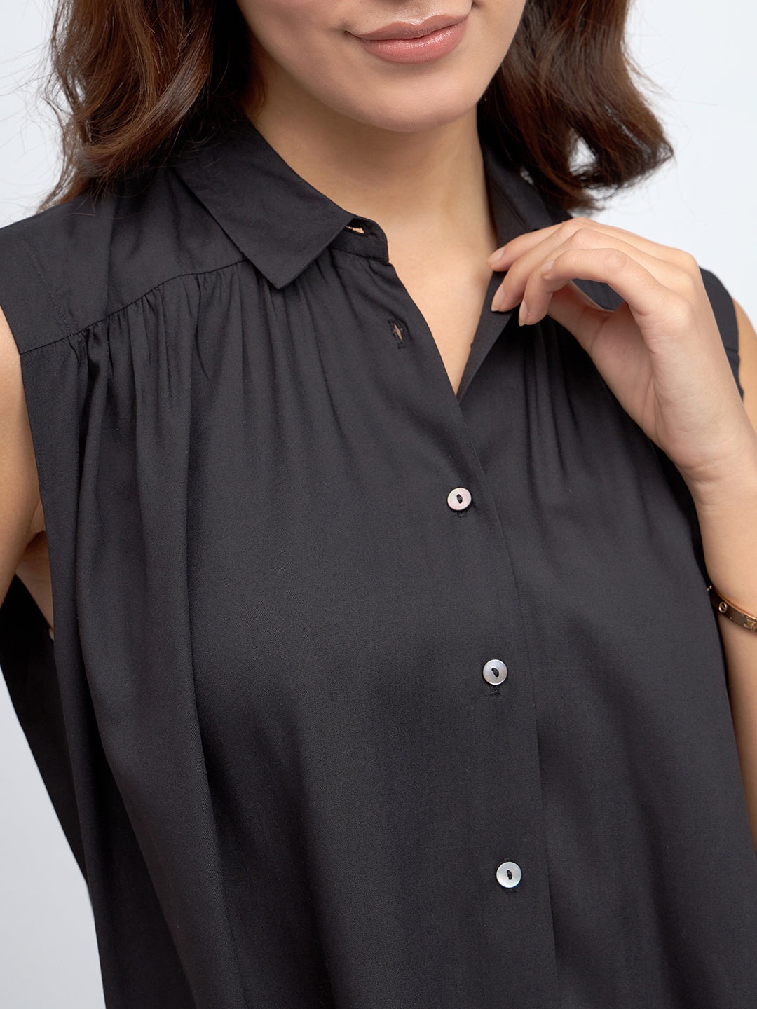 Shirt Collar Regular Fit Solid Black Sleeveless Shirt