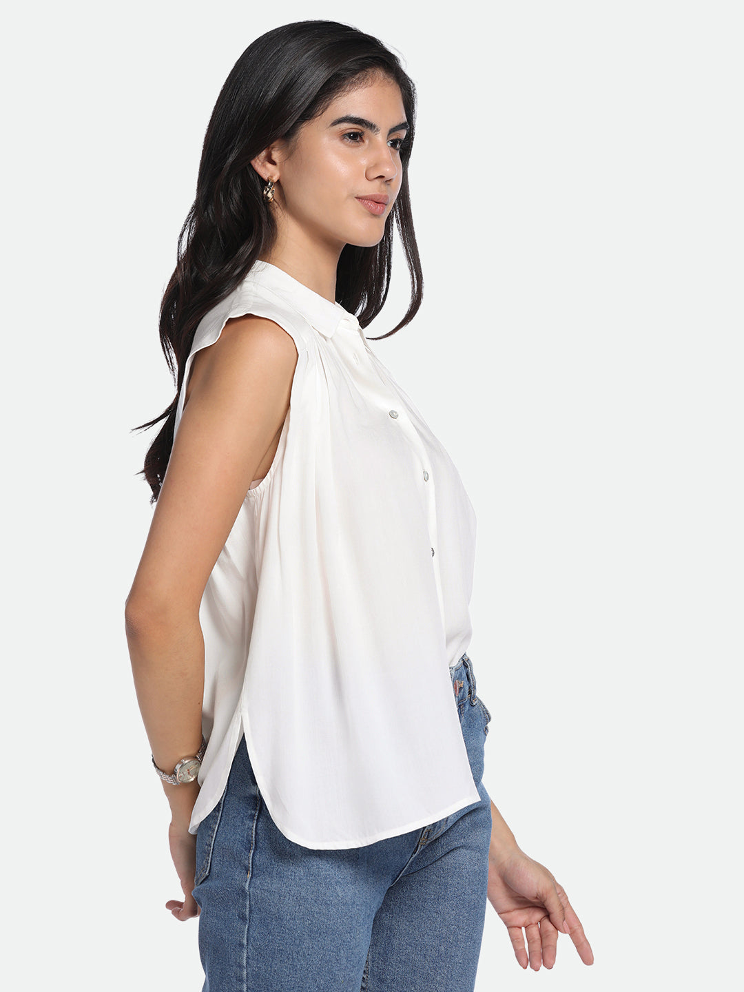 Shirt Collar Regular Fit Solid Off-White Sleeveless Shirt
