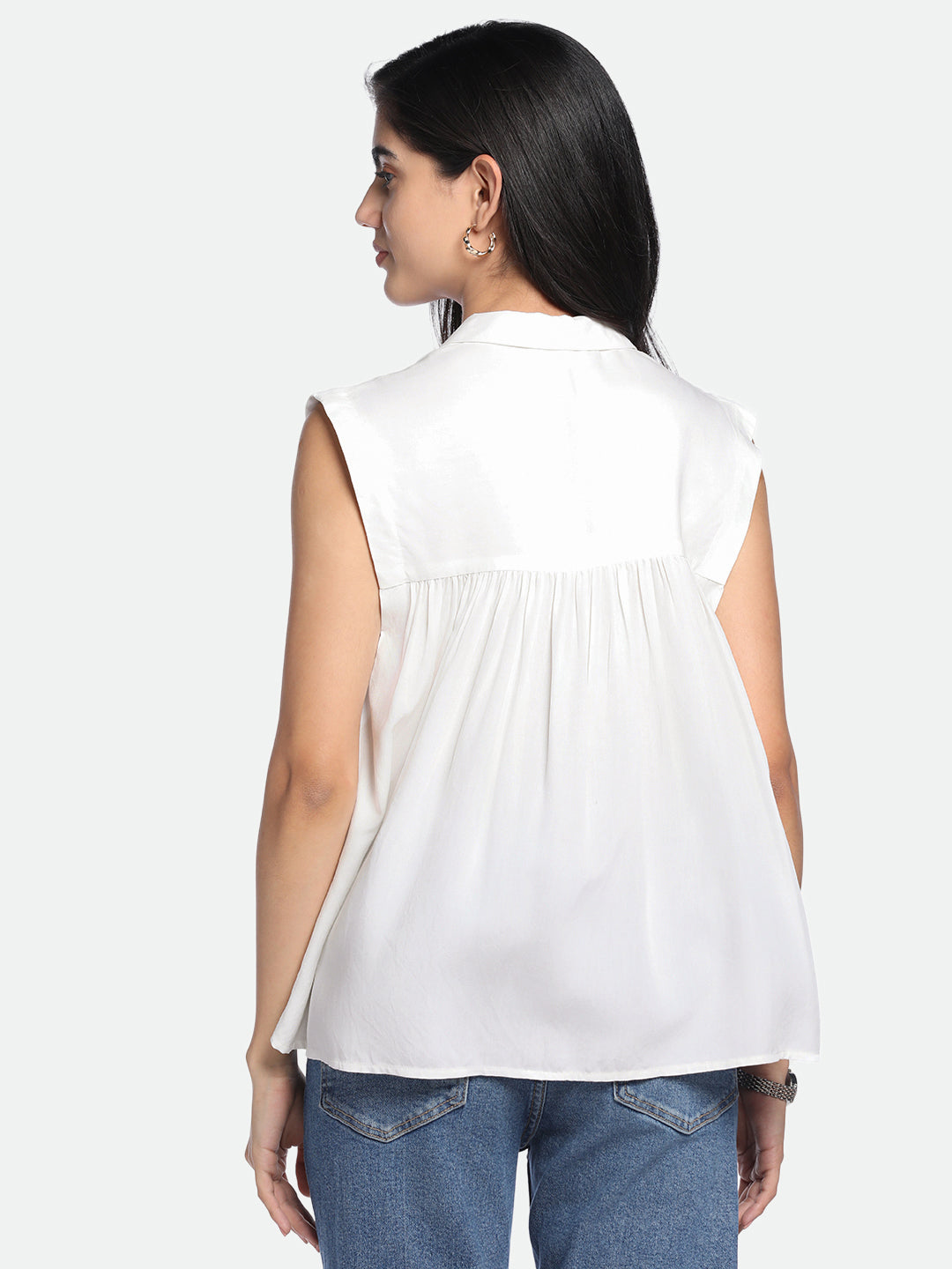 Shirt Collar Regular Fit Solid Off-White Sleeveless Shirt