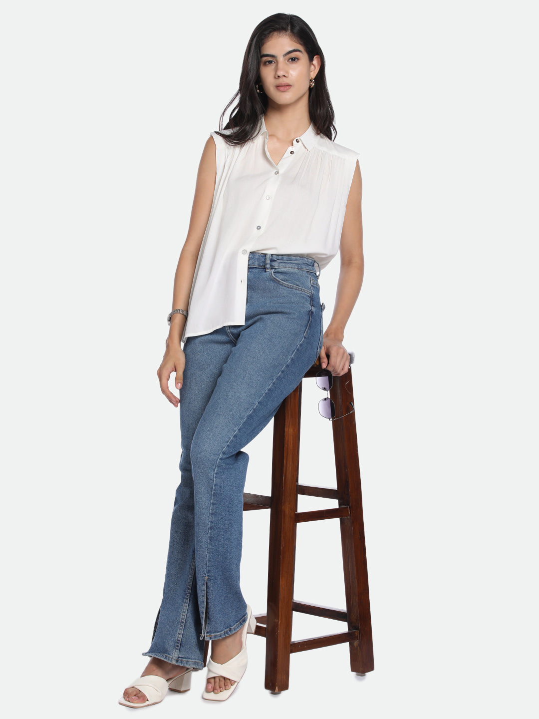 Shirt Collar Regular Fit Solid Off-White Sleeveless Shirt