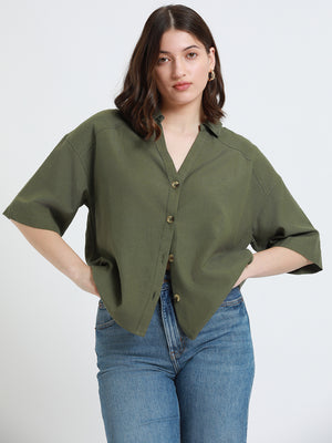 DL Woman Shirt Collar Regular Fit Solid Olive Shirt