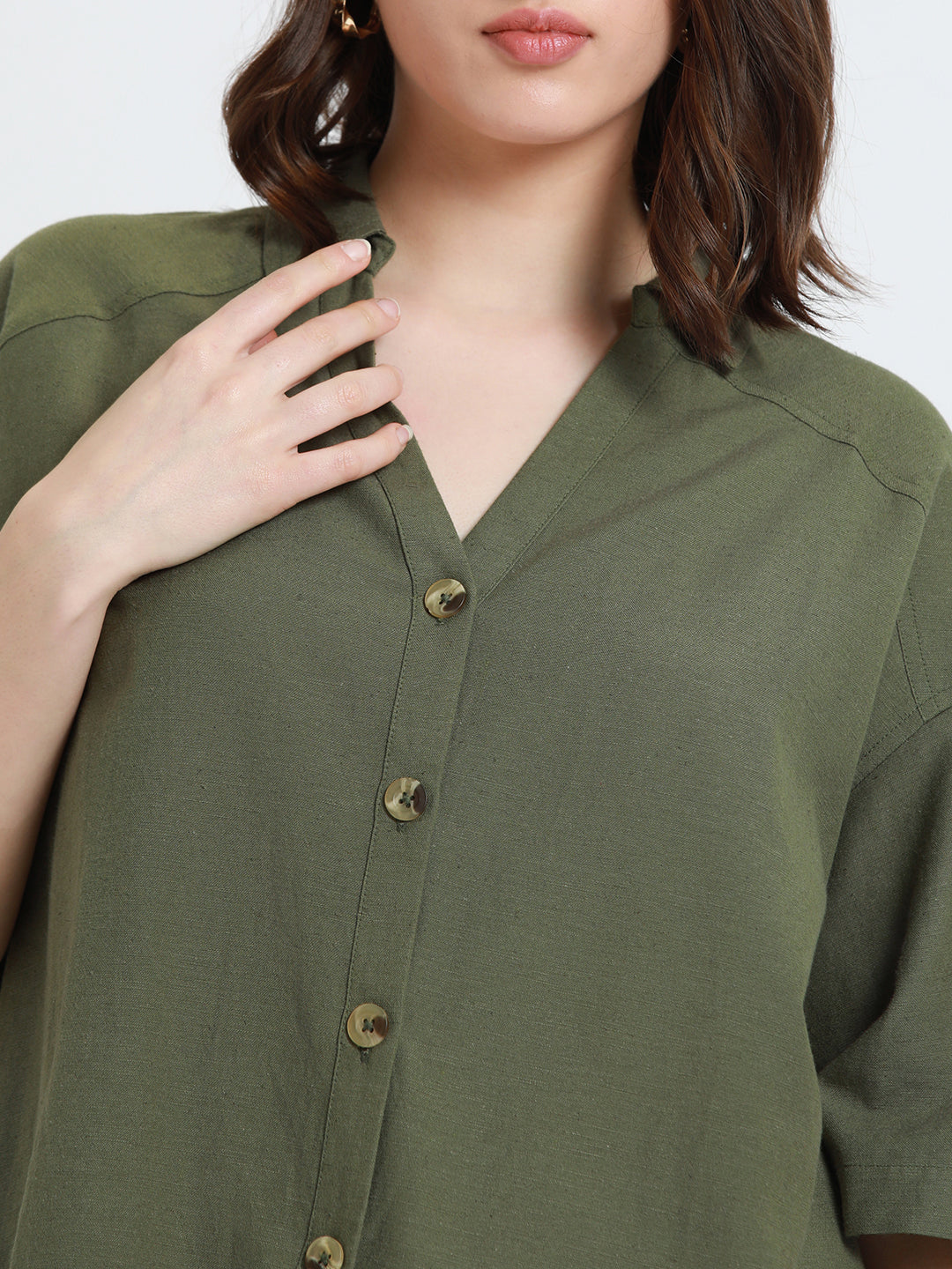 DL Woman Olive Drop-Shoulder Sleeves Cotton Casual Shirt