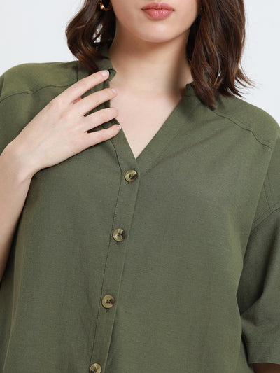 DL Woman Shirt Collar Regular Fit Solid Olive Shirt