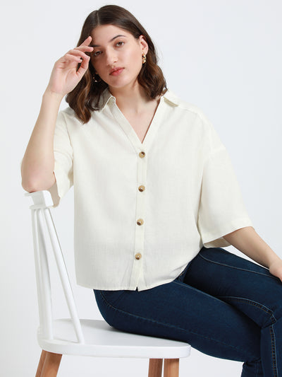 DL Woman Offwhite Drop-Shoulder Sleeves Relaxed Fit Casual Shirt