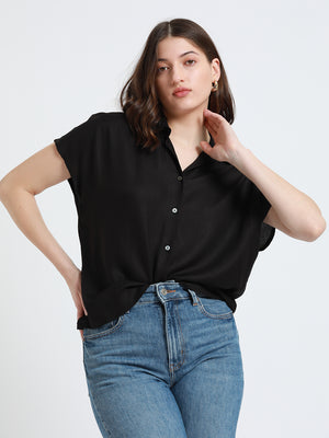 Women Black Extended Sleeves Relaxed Fit Boxy Casual Shirt
