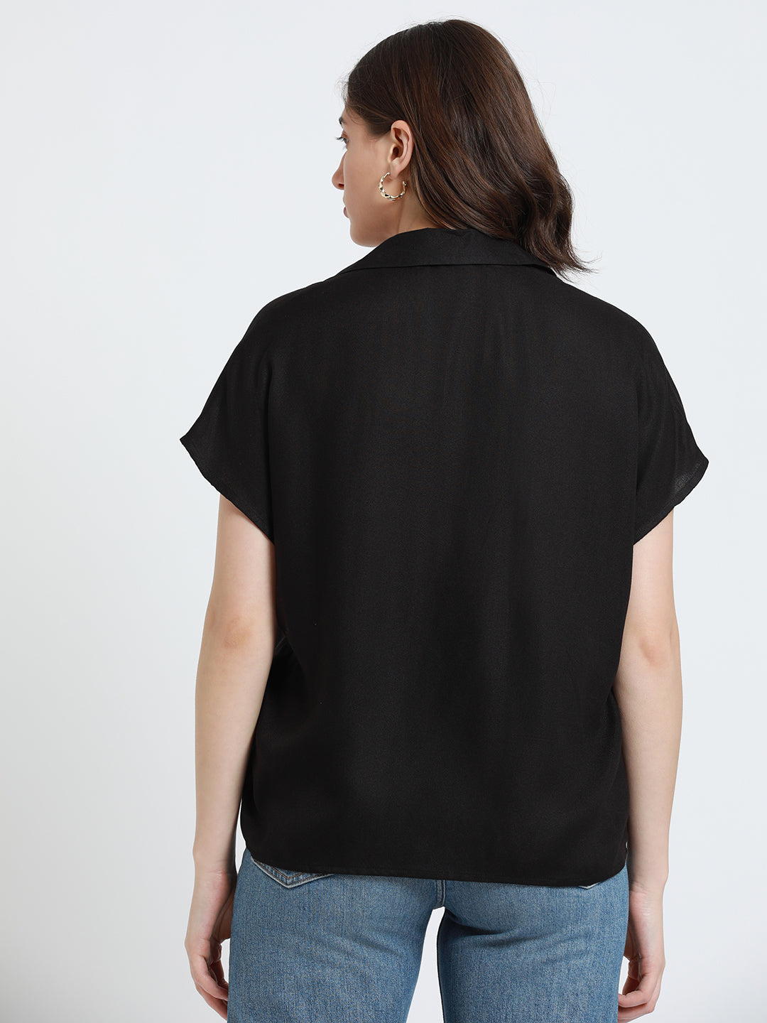 Women Black Extended Sleeves Relaxed Fit Boxy Casual Shirt