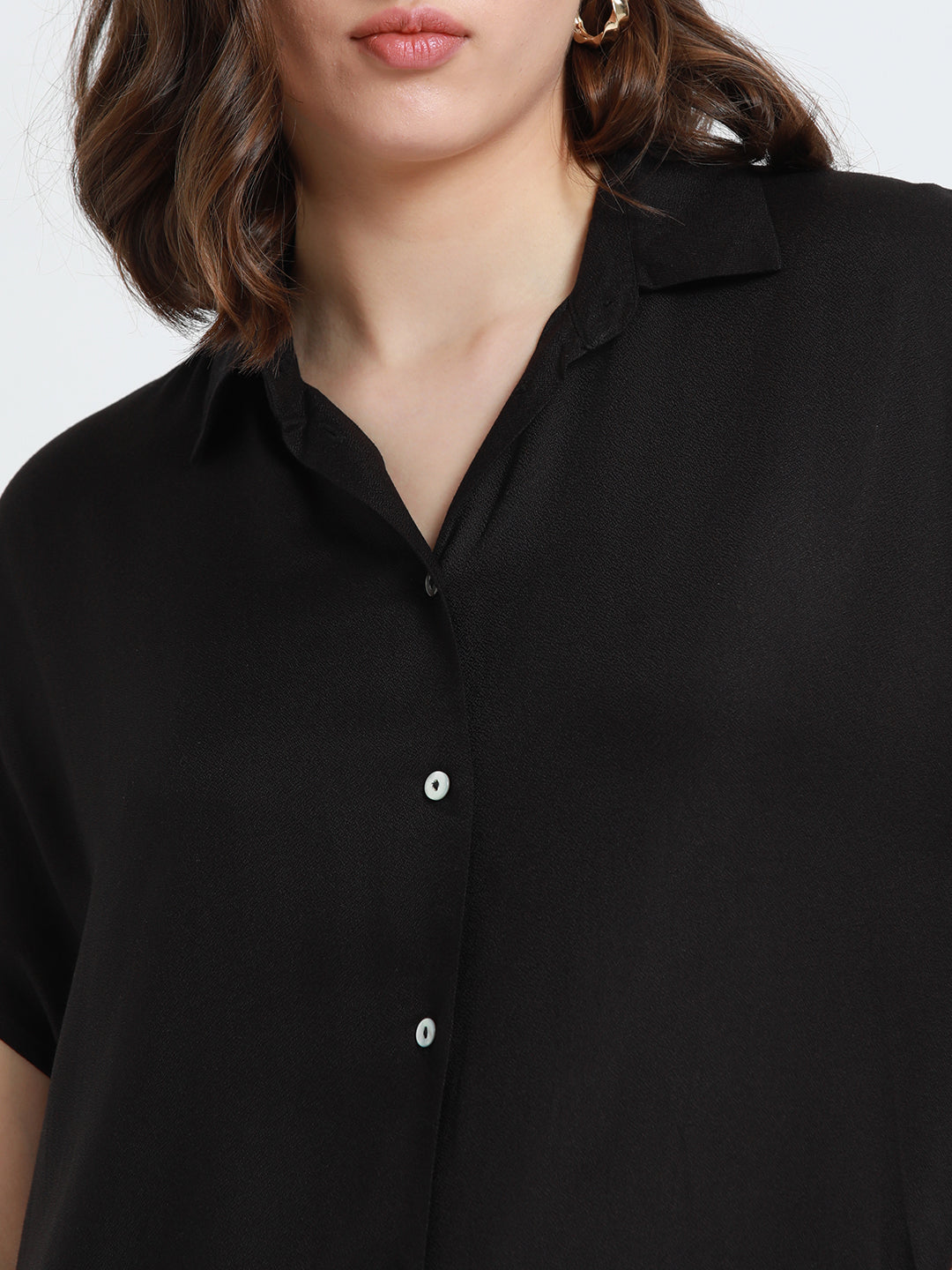 Women Black Extended Sleeves Relaxed Fit Boxy Casual Shirt