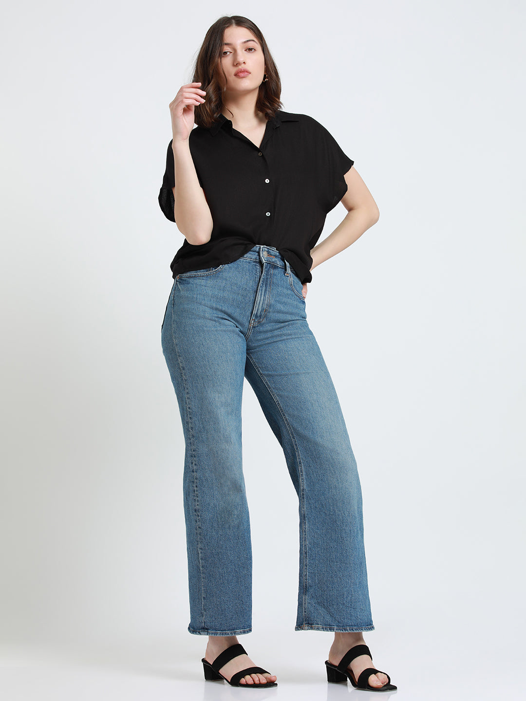 Women Black Extended Sleeves Relaxed Fit Boxy Casual Shirt