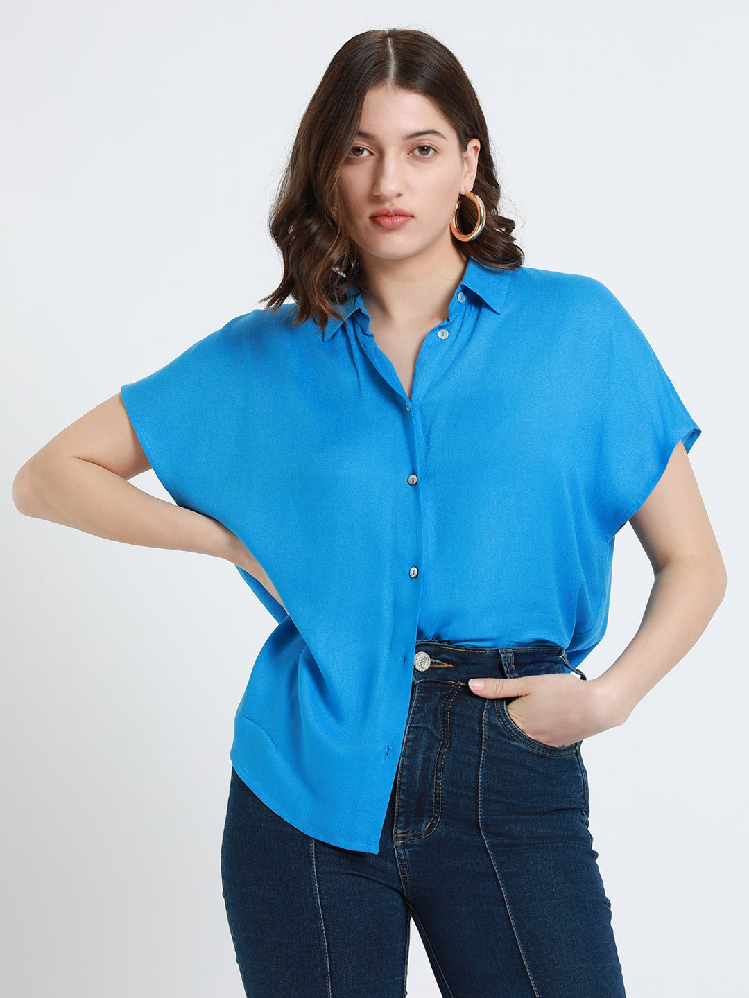Women Spread Collar Relaxed Fit Solid Light Blue Shirt