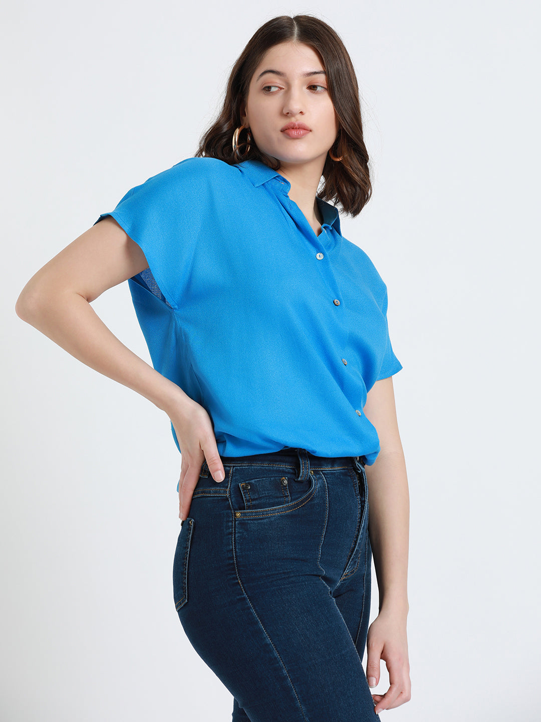 Women Spread Collar Relaxed Fit Solid Light Blue Shirt