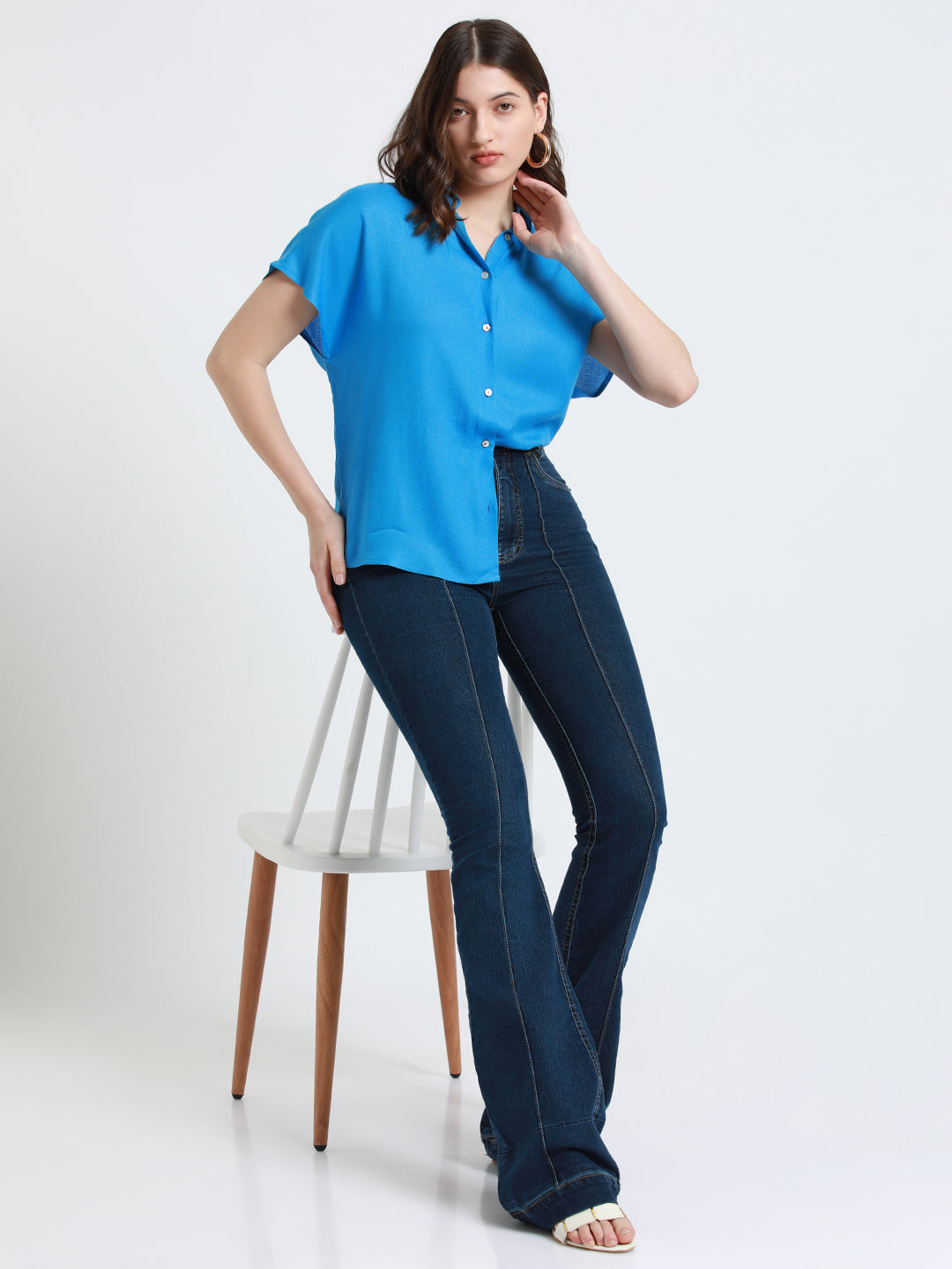 Women Spread Collar Relaxed Fit Solid Light Blue Shirt