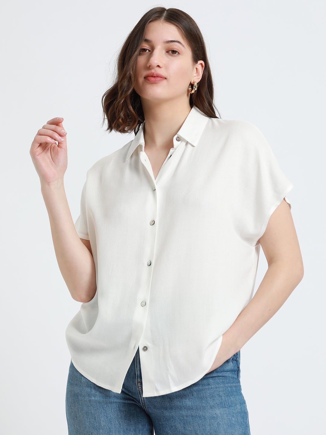 Women Off-White Extended Sleeves Relaxed Fit Boxy Casual Shirt
