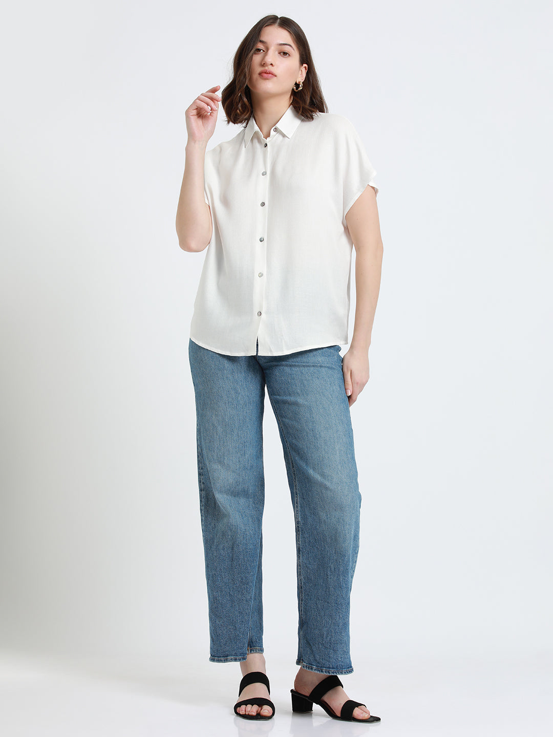 Women Off-White Extended Sleeves Relaxed Fit Boxy Casual Shirt