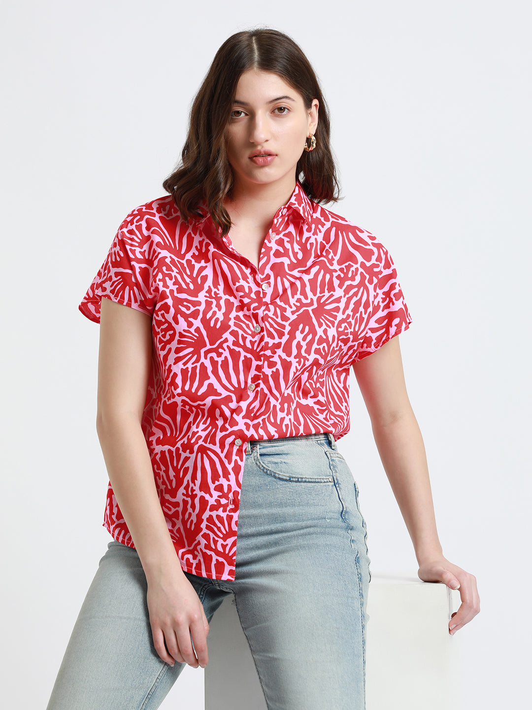 DL Woman Red Abstract Printed Extended Sleeves Boxy Cotton Casual Shirt