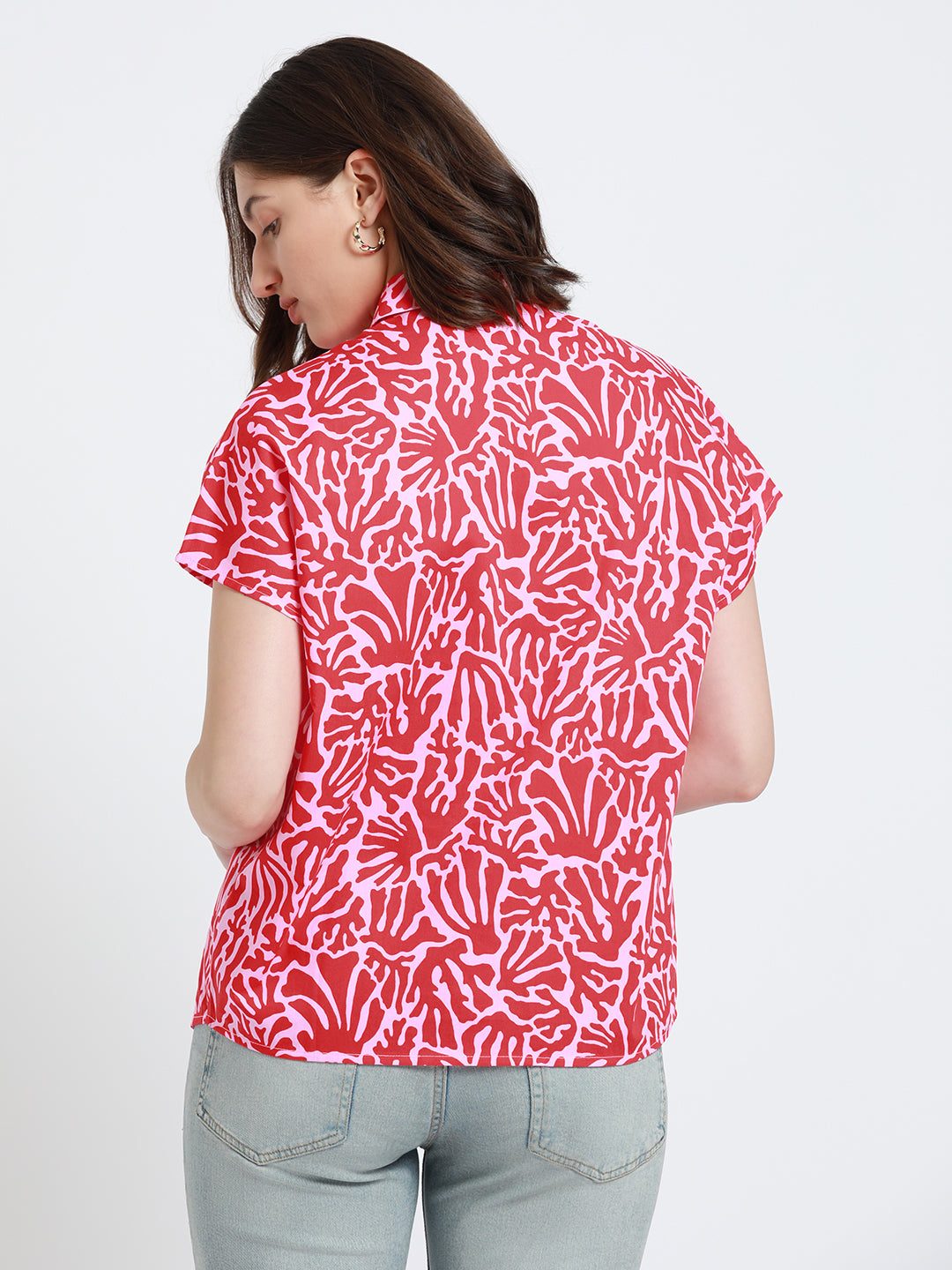 Spread Collar Regular Fit Tropical Print Red Shirt