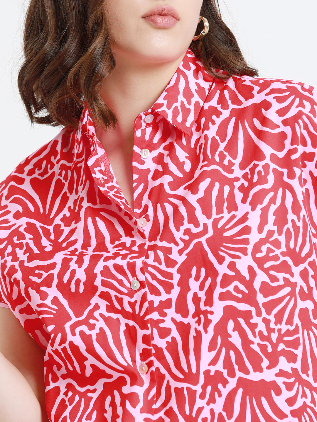 DL Woman Spread Collar Regular Fit Tropical Print Red Shirt