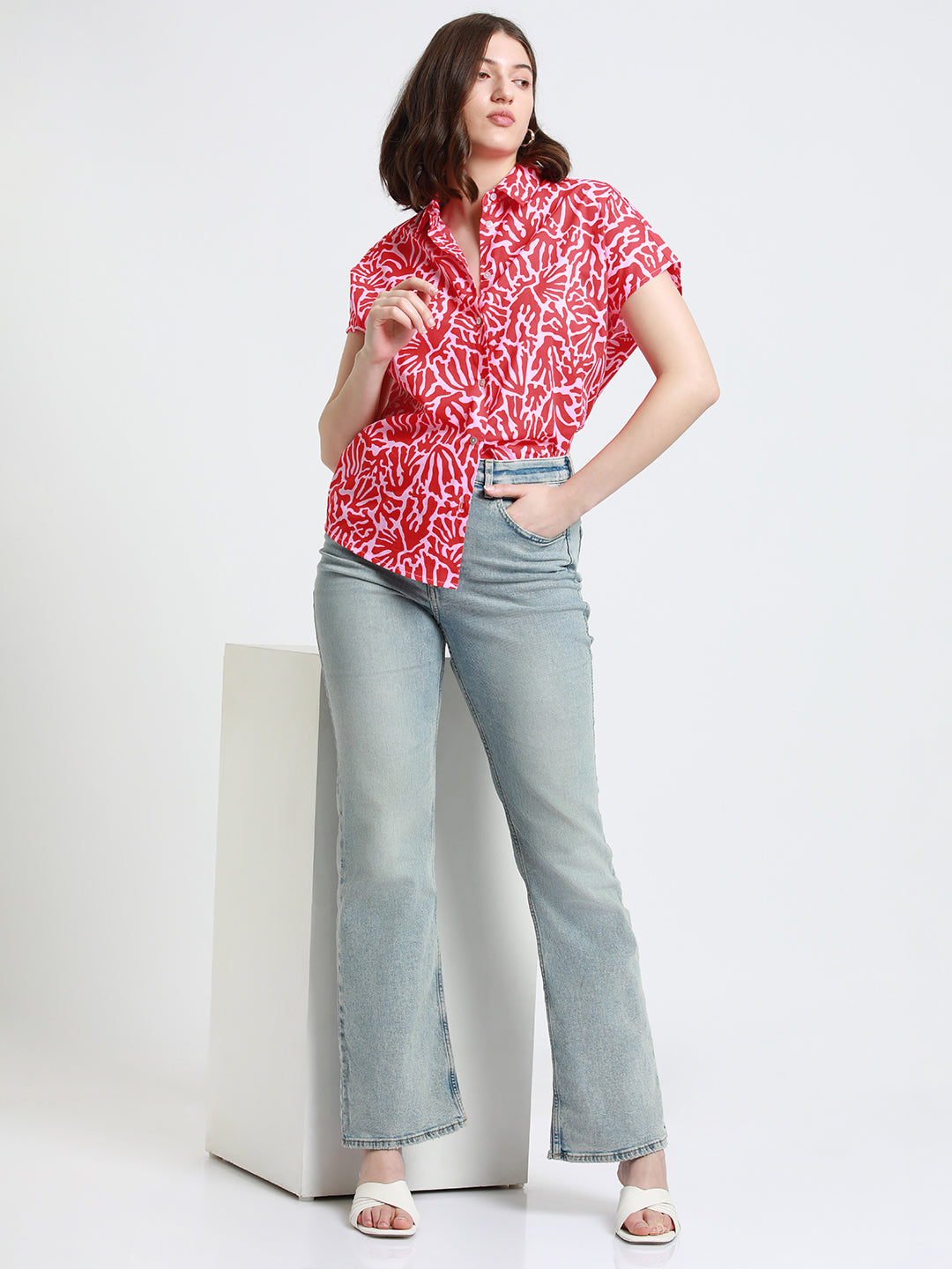 Spread Collar Regular Fit Tropical Print Red Shirt