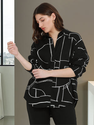 DL Woman Shirt Collar Regular Fit Abstract Print Black Shirt