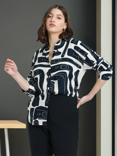 DL Woman Shirt Collar Regular Fit Abstract Print Navy Shirt