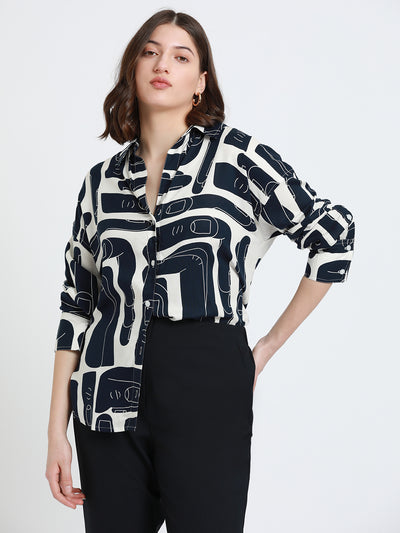 DL Woman Shirt Collar Regular Fit Abstract Print Navy Shirt