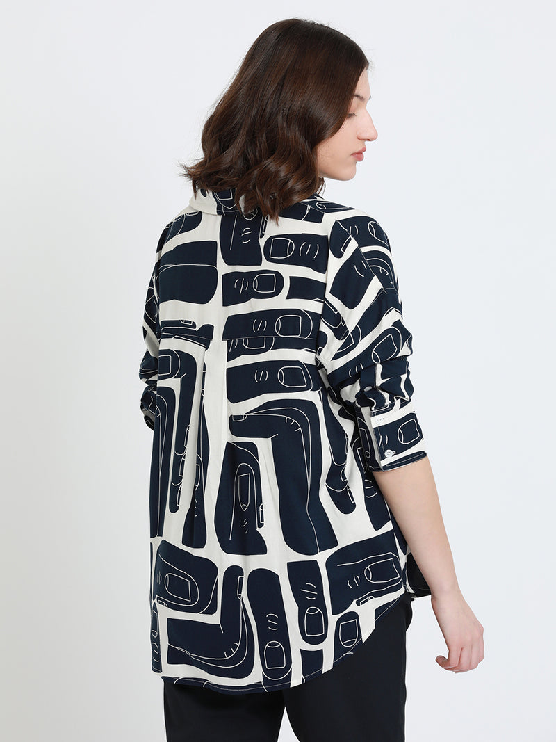 DL Woman Shirt Collar Regular Fit Abstract Print Navy Shirt