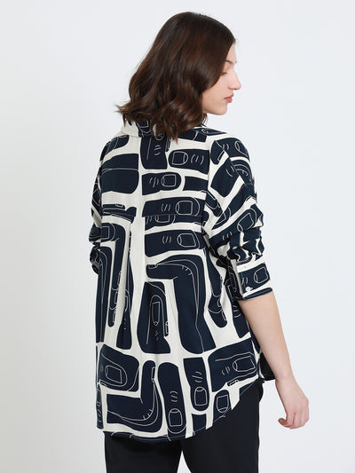 DL Woman Navy Abstract Printed Drop-Shoulder Sleeves Oversized Casual Shirt