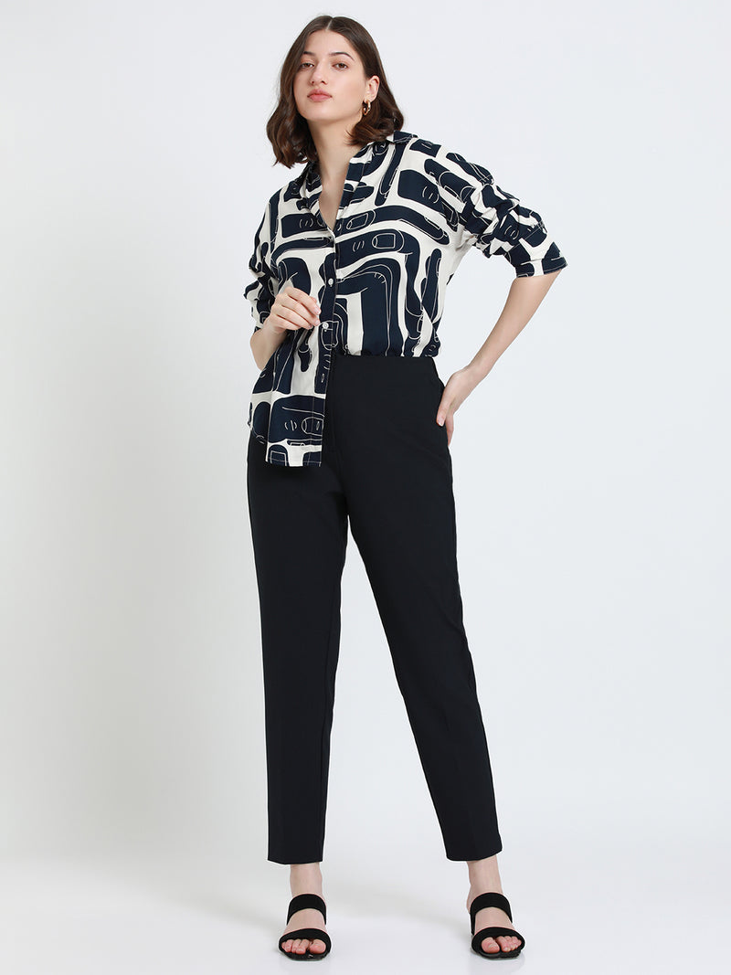 DL Woman Shirt Collar Regular Fit Abstract Print Navy Shirt