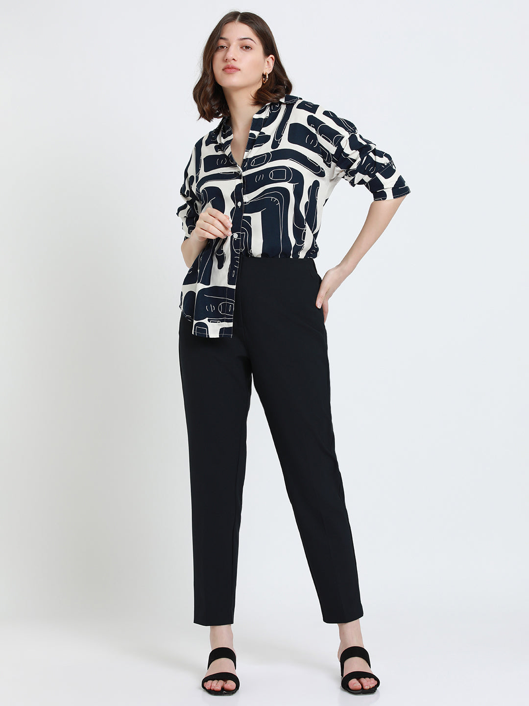 DL Woman Shirt Collar Regular Fit Abstract Print Navy Shirt