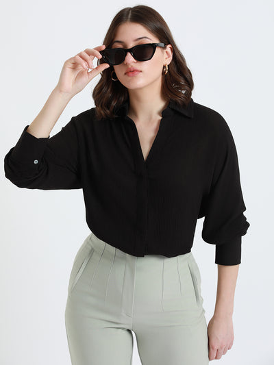 DL Woman Black Spread Collar Oversized Casual Shirt