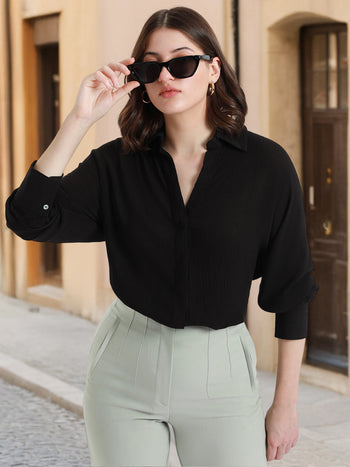 DL Woman Shirt Collar Relaxed Fit Solid Black Shirt