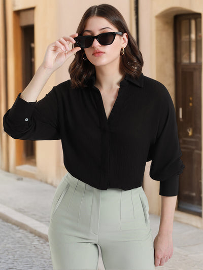 DL Woman Shirt Collar Relaxed Fit Solid Black Shirt