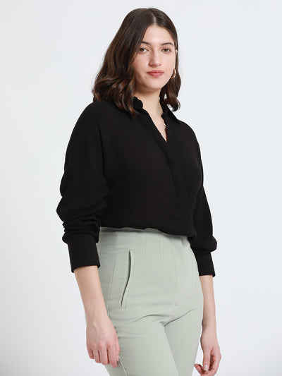DL Woman Shirt Collar Relaxed Fit Solid Black Shirt