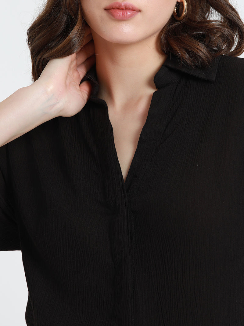 DL Woman Shirt Collar Relaxed Fit Solid Black Shirt